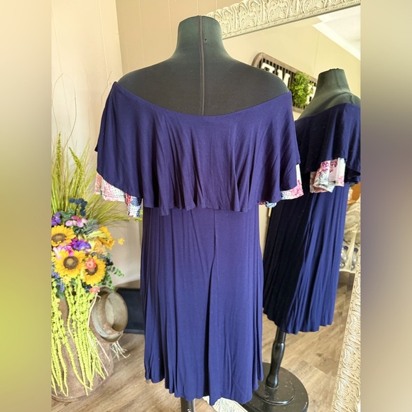 Eloges • Navy & Floral Lace Ruffle Off Shoulder Dress - Picture 16 of 16